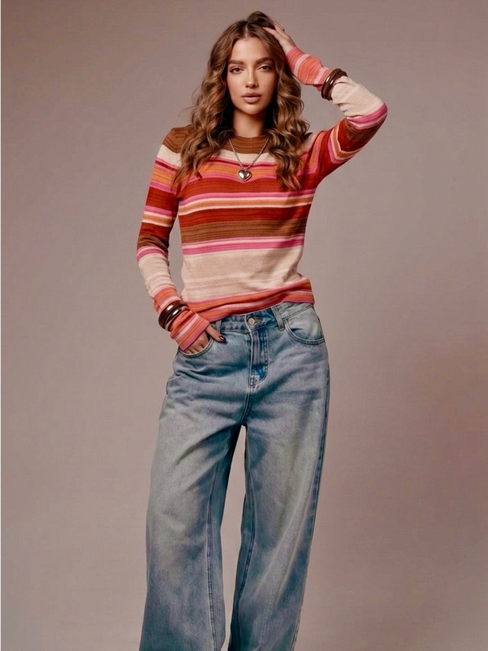 Free People Mock Long Sleeve pink/Brown Striped top- M